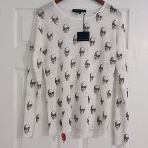 Skull cashmere 100% linen long sleeves top white black sz S NWT